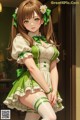 A girl in a green and white dress and stockings.