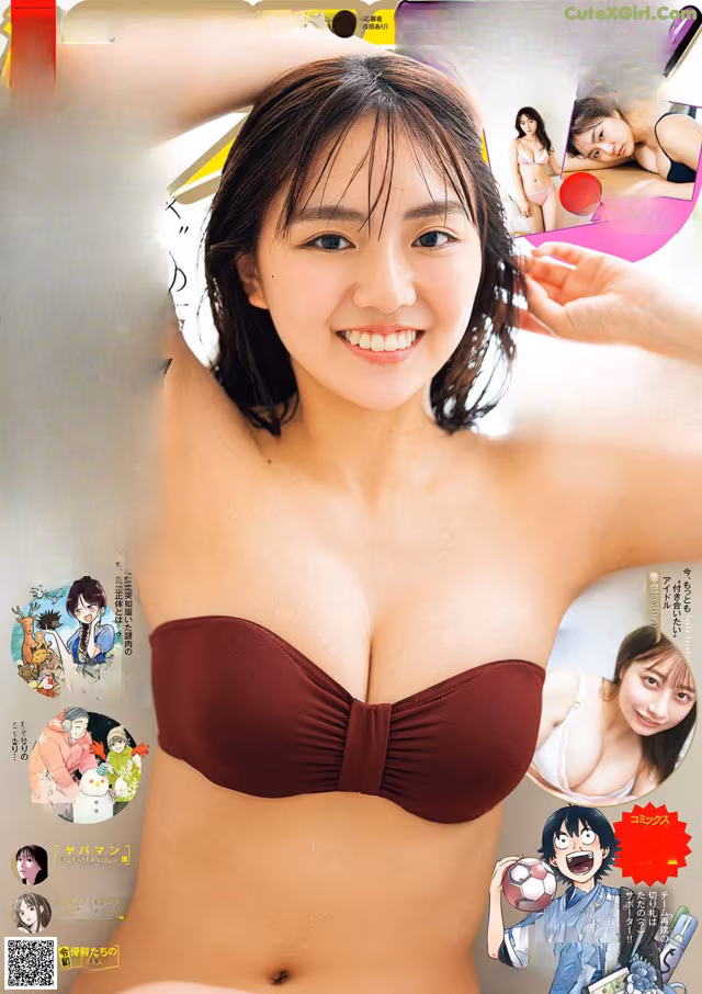 A woman in a bikini on the cover of a magazine.