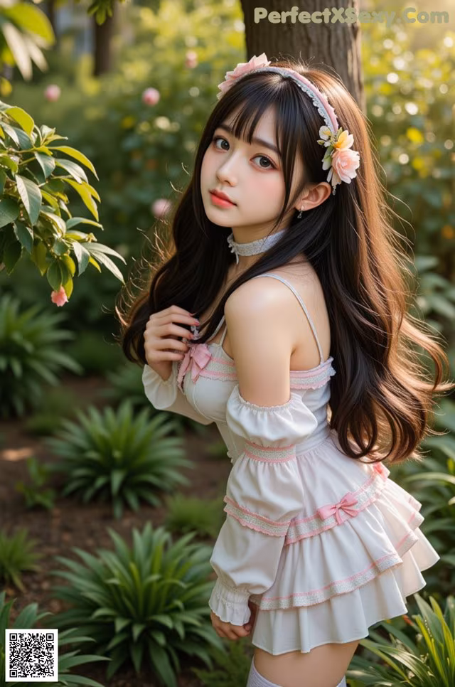 A woman in a white dress with a flower in her hair.