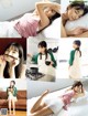 A collage of photos of a woman laying on a bed.