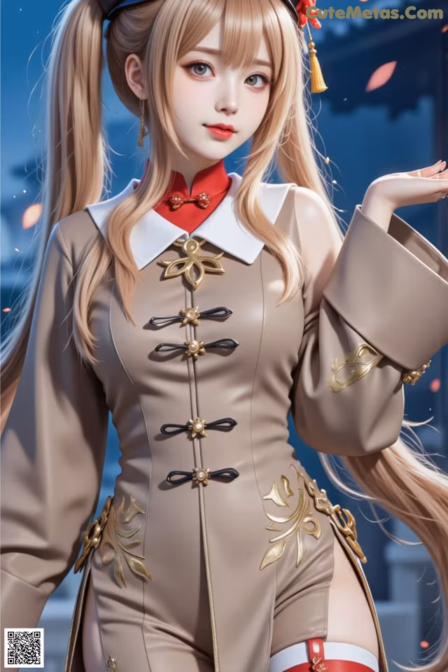 A woman with long blonde hair wearing a brown uniform.