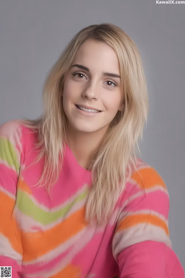 A young woman in a colorful sweater smiles at the camera.