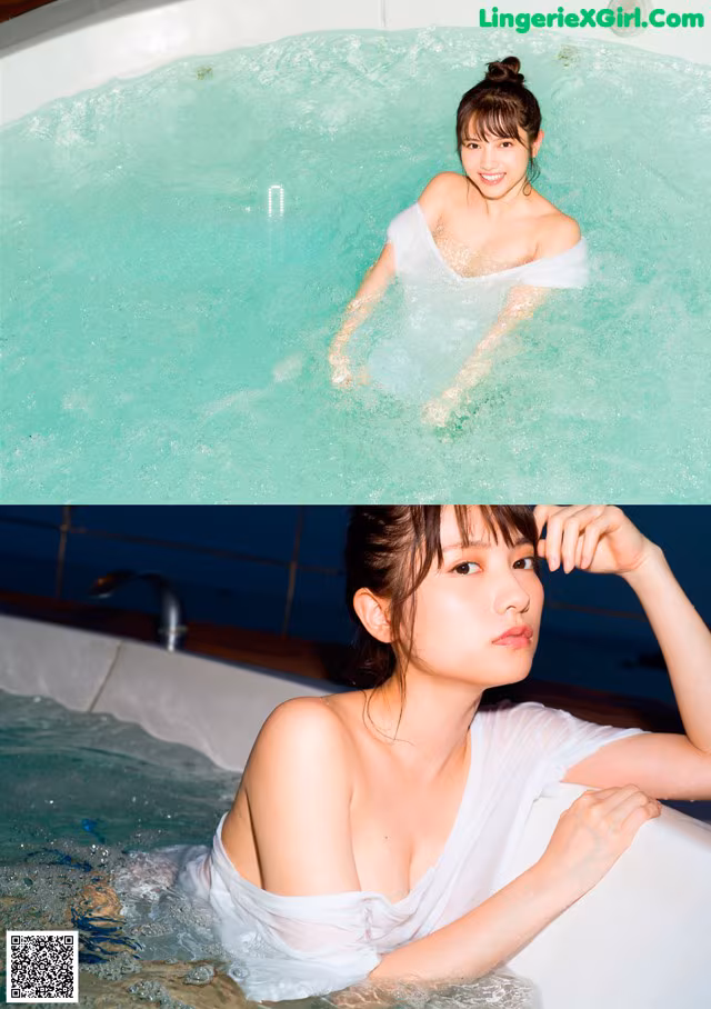 A woman in a bathtub with water in it.