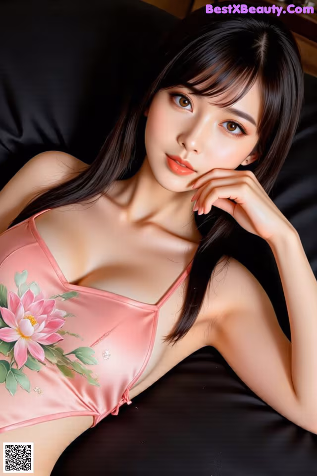 A woman in a pink lingerie laying on a black couch.