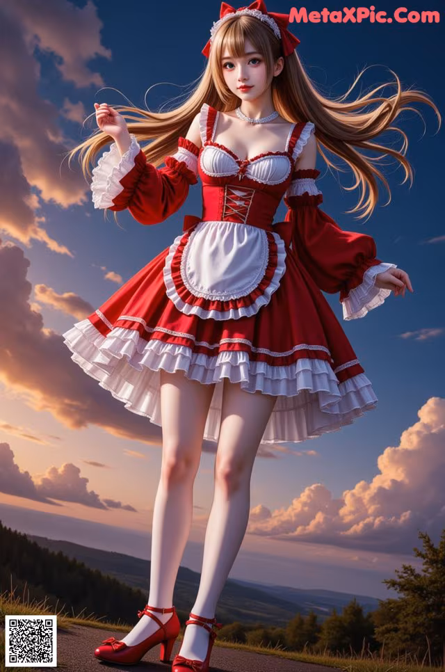 A woman in a red and white dress is posing for a picture.