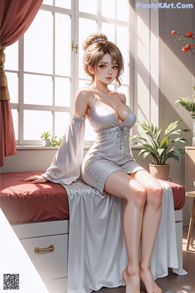 A woman sitting on a bed in a white dress.