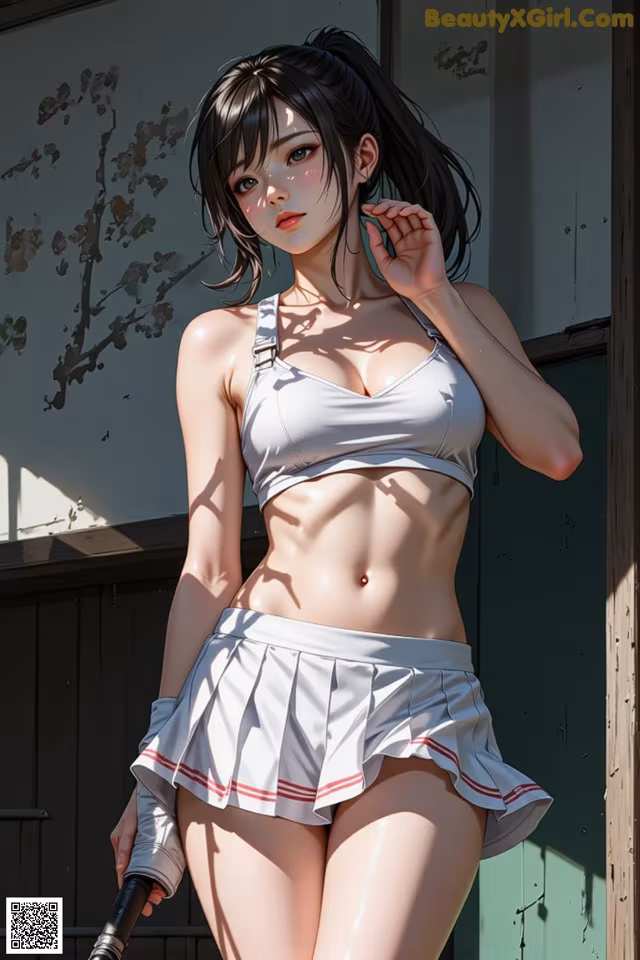 A woman in a white top and skirt holding a baseball bat.