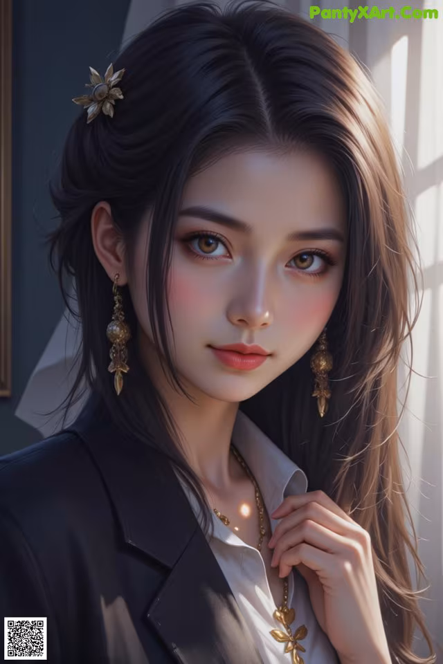 A woman with long brown hair wearing a black jacket and gold earrings.