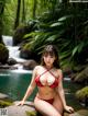 A woman in a red bikini sitting on a rock by a river.