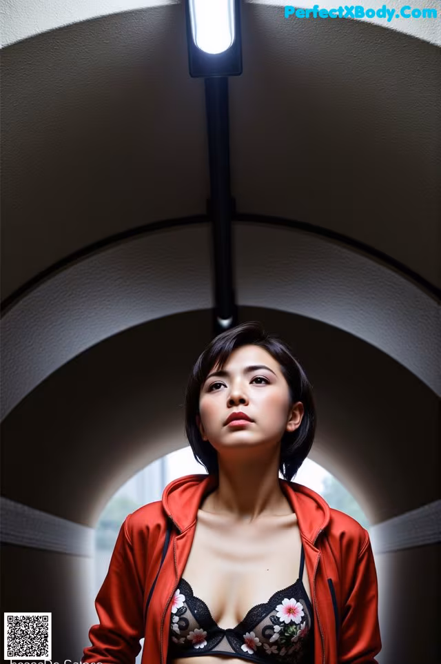 A woman in a red jacket is posing for a picture.