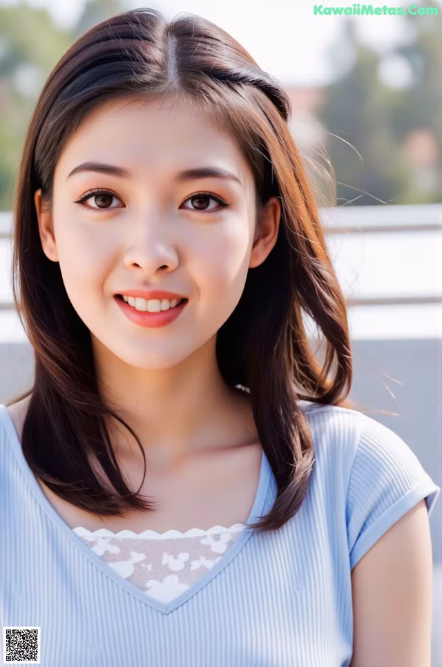 A woman with long brown hair wearing a blue shirt.