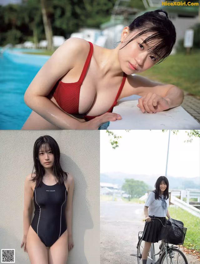 A woman in a red bathing suit posing next to a swimming pool.