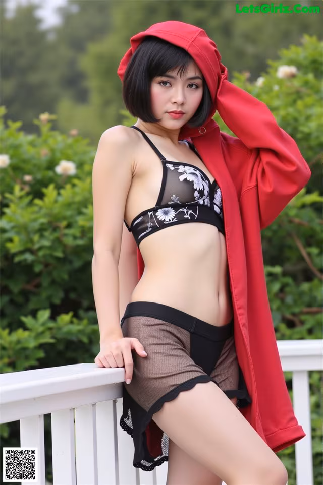 A woman in a red hooded jacket and black lingerie posing for a picture.