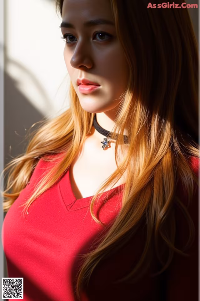 A woman with long brown hair wearing a red dress.