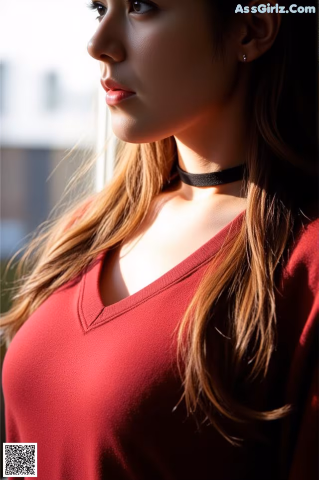 A woman in a red shirt is looking out a window.