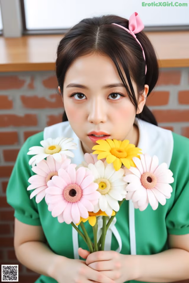 A woman holding a bunch of flowers in her hands.