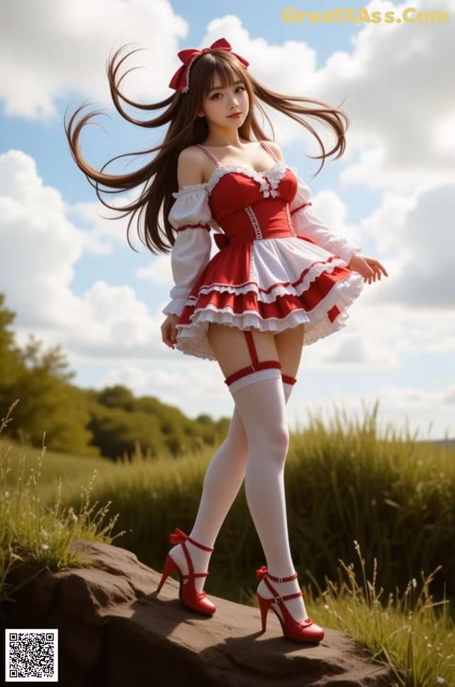 A woman in a red and white dress standing on a rock.